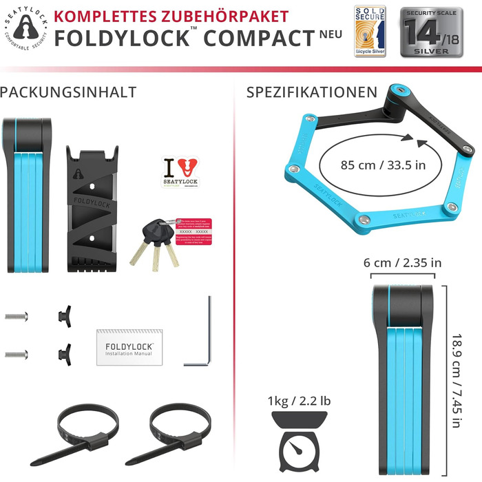 Складаний велосипедний замок FoldyLock Compact 85 см – високий рівень безпеки, з ключем і кріпленням, для електровелосипеда, самоката і мотоцикла