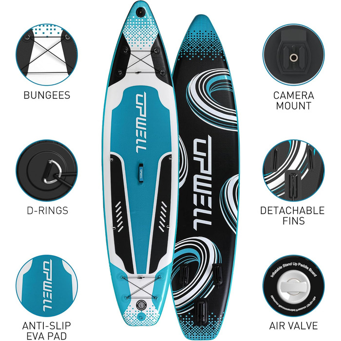 Надувна SUP-дошка UPWELL 11'/10'6'/10'2' з аксесуарами – рюкзак, ремкомплект, нековзке покриття, страхувальний лиш, 3 плавники, весло та ручний насос