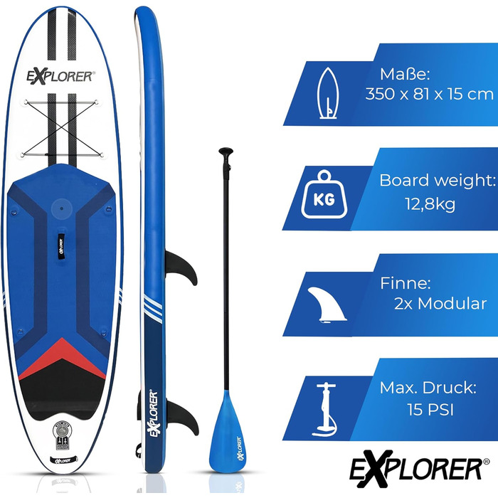 Дошка для веслування EXPLORER SUP Fusion Stand Up до 180 кг Повний комплект з алюмінієвим веслом, рюкзаком, насосом, плавником і набором патчів. (ВІНДСЕРФІНГ 11.6)