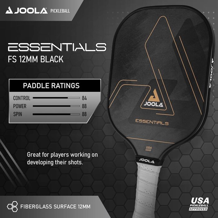 Ракетка для веслування JOOLA Pickleball Essentials зі скловолокнистою поверхнею, полімерним сердечником і сертифікацією USAPA - ідеально підходить для початківців і любителів активного відпочинку (один розмір, чорна)