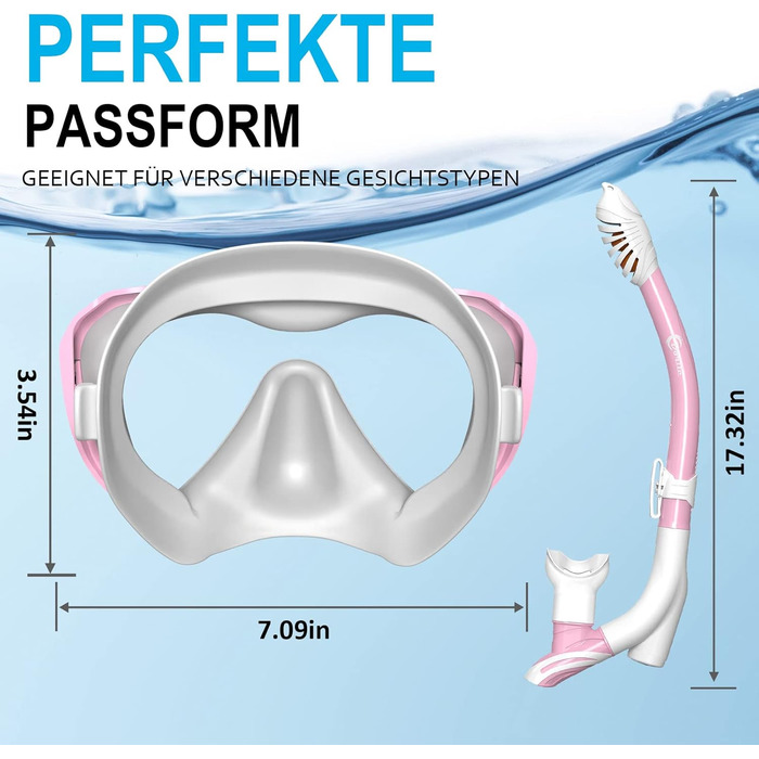Набір трубок Dorlle, нещодавно оновлена панорамна маска для підводного плавання, водонепроникна маска для дайвінгу, загартоване скло проти запотівання, з 3-канальним сухим трубкою преміум-класу для дорослих (рожевий)