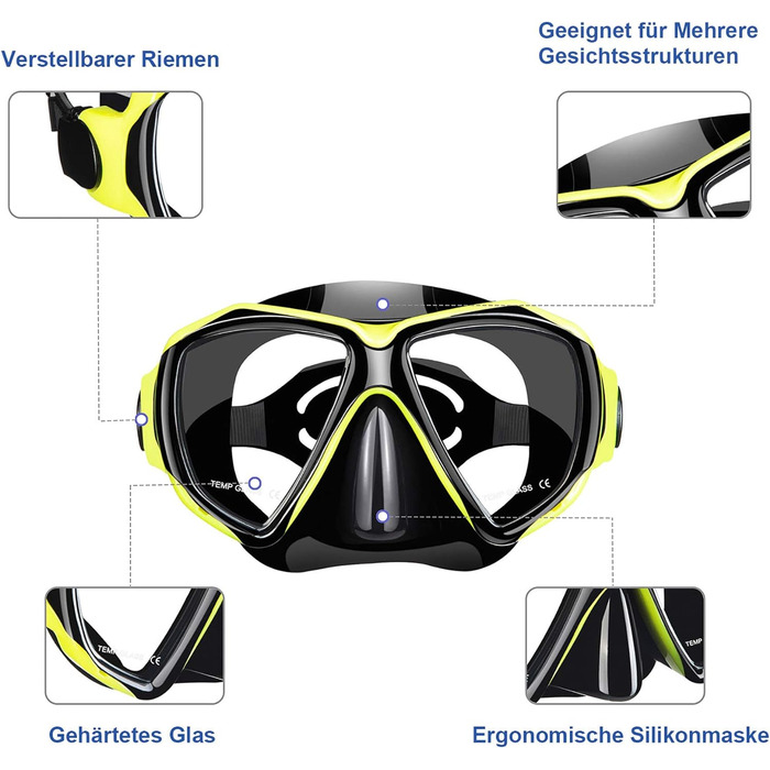Набір для підводного плавання Dorlle з трубкою та окулярами, водонепроникна маска для дайвінгу, загартоване скло проти запотівання, із 3-канальним сухим трубкою преміум-класу для дорослих (чорний/жовтий)