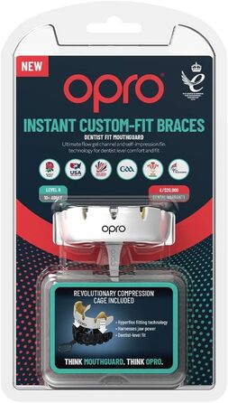 Капа OPRO Instant Custom-Fit Braces, виготовлена стоматологами, для максимального комфорту, захисту та прилягання. Капи для регбі, боксу, хокею, ММА, лакросу та єдиноборств білий/золотий