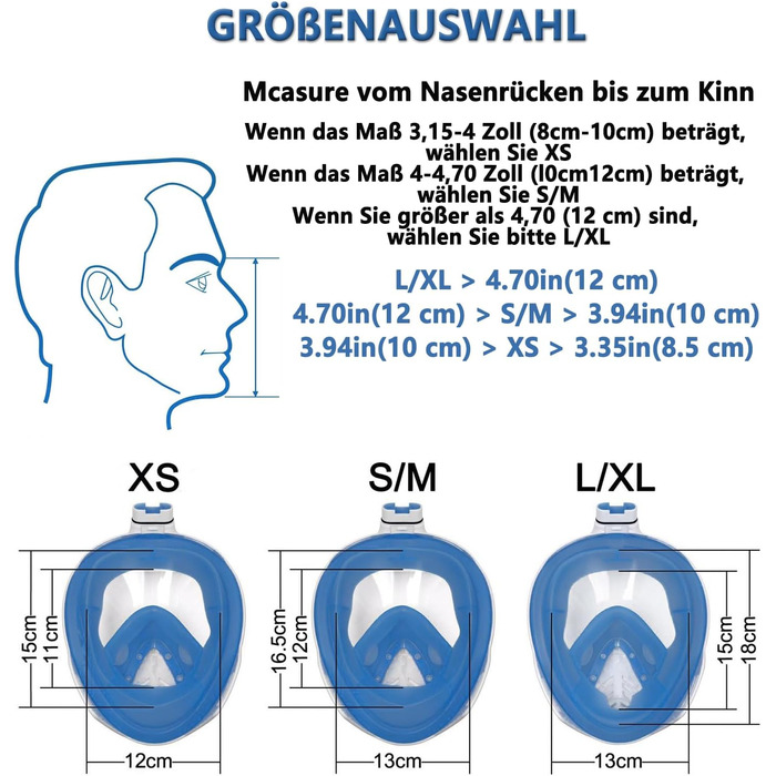 Маска для підводного плавання Vitare для дорослих і дітей, маска для дайвінгу на все обличчя, поле зору 180 Маска для повного обличчя Набір трубок із затискачем для камери, складна маска для підводного плавання проти запотівання Маска для обличчя - L/XL S