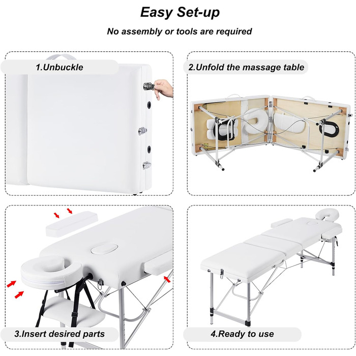 Мобільний масажний стіл VORSCH 3 зони, масажний стіл складний регульований по висоті, портативна масажна лава, косметичний столик, виготовлений з алюмінію, з підлокітниками підголівником, сумка для перенесення підставки для рук, (біла)
