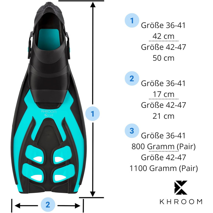 Ласти Khroom дорослі розмір 36-47 - висока якість, виробництво Італія, ласти для плавання та снорклінгу, регульовані ласти для підводного плавання унісекс / ласти для дайвінгу жіночі та чоловічі (36-41 (S-M), бірюзові)