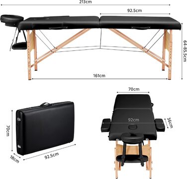 Набір масажних столів Yaheetech 2 зони Масажне ліжко з ніжками букового дерева Складна масажна лава шириною 70 см і регульованим по висоті поворотним табуретом Масажний стілець