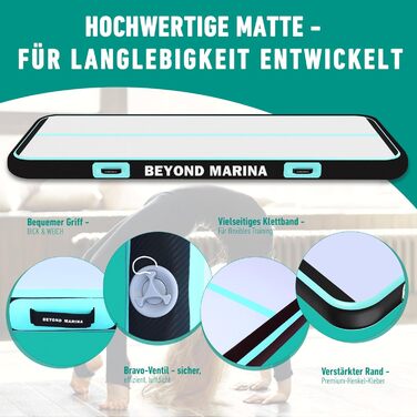 Гімнастичний надувний мат BEYOND MARINA 4м, 10см, з насосом, для дому, тренувань, фітнесу та йоги, м'ятний, карбон