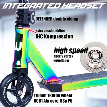 Довгий трюковий скутер Metro Profi StuntScooter, IHC Compression, 6061 T6 Alu, ABEC 9, PEG-cuts, 110 мм колеса mit Alu Core, ЧПУ, Скутер для фрістайлу, Kickscooter (чорний/неохром)