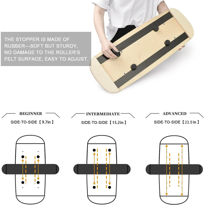 Тренажер BECAPRO Balance Board, дерев'яний балансборд з регульованими стопорами - 3 різні варіанти відстані, тренажери для вправ на рівновагу для фітнесу (чорний)