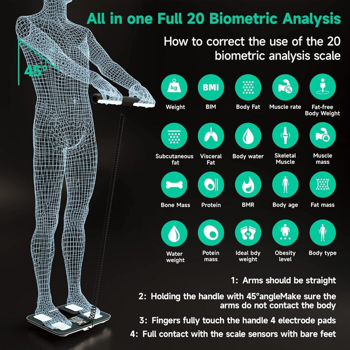 Цифрові датчики та додаток для вимірювання жиру в організмі, аналізатор складу тіла, клінічно підтверджений, ваги для ванної кімнати з аналізом жиру в організмі, з 8 високоточними датчиками для вимірювання рук і ніг, максимальна 180 кг, велика з ручкою, д