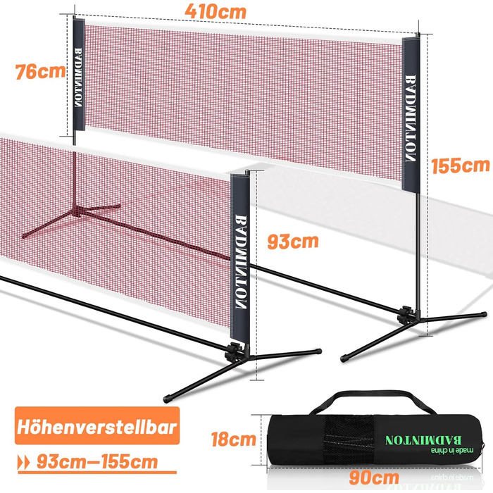 Сітка для бадмінтону Ansobea, волейбольна сітка регульована по висоті, складна волейбольна сітка відкрита з сумкою для перенесення, сітка для бадмінтону для саду, спортивного майданчика та інших місць на відкритому повітрі 410 см
