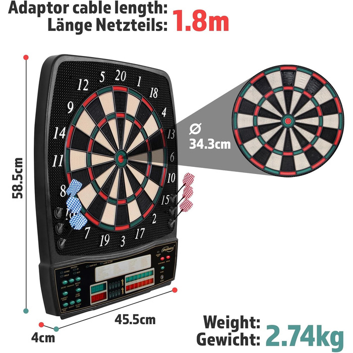 Фізіоніка Електронна дошка для дартсу, 100 ігор, 12 стріл, 16 гравців