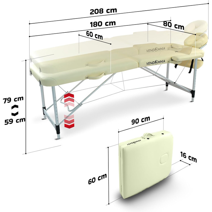 Масажний стіл VENDOMNIA - алюміній, 2 зони, регулювання висоти, крем