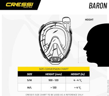 Маска Cressi Baron Full Face, Повнолицева маска для підводного плавання проти запотівання, Comfort Face, випускний клапан і сухий мундштук, доступний для дорослих і дітей, чорний/чорний, S/M