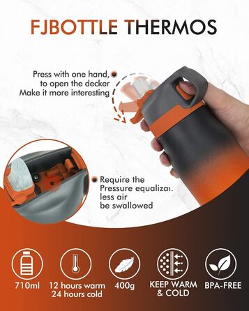 Термобутилка FEIJIAN FJbottle 710 мл з щіткою, нержавіюча сталь, чорна з помаранчевим