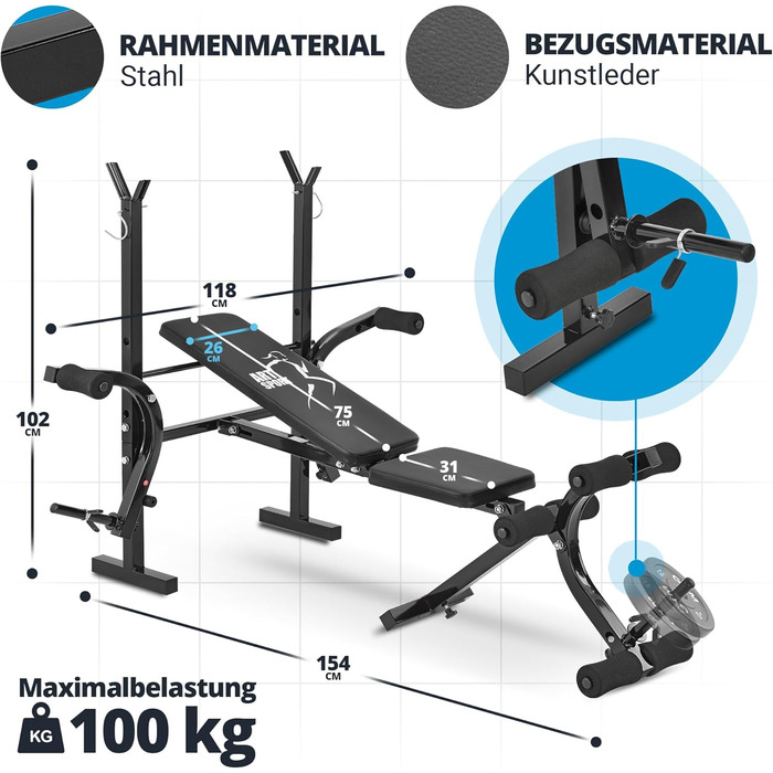 Багатофункціональна лава для обтяжень ArtSport ProfiGym1000 складна та регульована в 4 напрямках - з стійкою для штанги, завивкою ніг і батерфляєм - тренувальна лава похила лава плоска лава