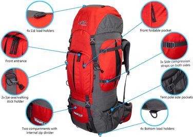 Туристичний рюкзак Tashev Outdoors Mount 100+20 л з дощовиком, фронтальне та верхнє завантаження, для жінок і чоловіків, виготовлений в ЄС