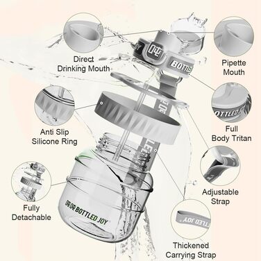 Спортивна пляшка для води Louis Donn з соломинкою та ручкою, без бісфенолу А з нагадуванням про мотиваційні маркери, герметична, 1 літр, висока місткість, пляшка для води для спорту, бігу, активного відпочинку (Bj-1.1l-Grey)