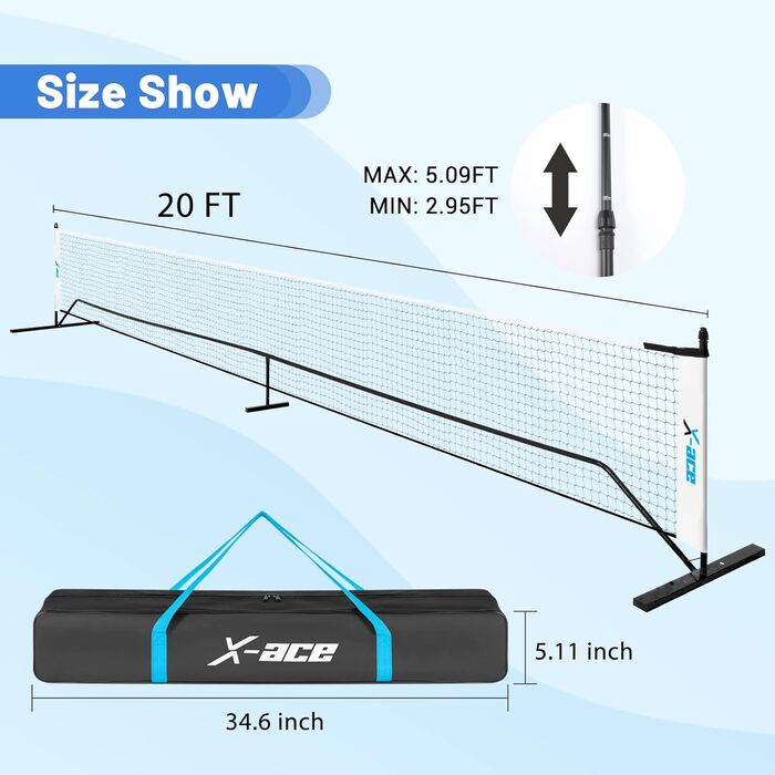 Портативна сітка для бадмінтону X-ACE 20 футів - регульована по висоті сітка для бадмінтону для тенісу, футболу, тенісу та піклболу - міцна конструкція та проста установка в саду та на відкритому повітрі