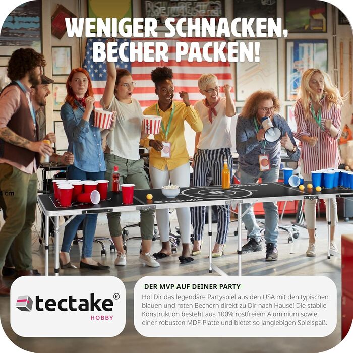 Стіл для Beer Pong tectake, складаний, регульований, з ручками, набір 100 келихів (50 червоних, 50 синіх) та 6 м'ячів, ігри для вечірок, питна гра для дорослих