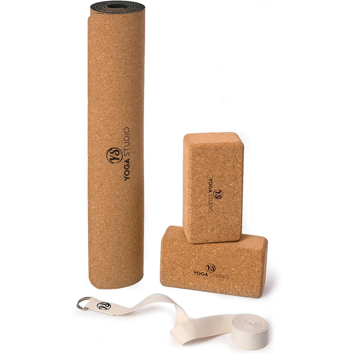 Корковий килимок для йоги, 2 x Cork Yoga Bricks (блоки), набір для йоги з ремінцем D-Ring