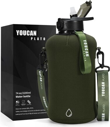 Пляшка для води Youcan Plato 2 л з трубочкою і чохлом, спортивна фляга для фітнесу, BPA Free, підходить для газованої води, оливкова