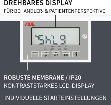 Медична вага для людей ADE M320600, професійна, до 250 кг, широка платформа, сертифікована, функції BMI та Hold, обертовий дисплей