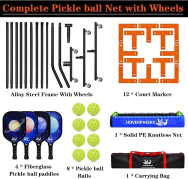 Набір піклболу Hoverphenix: сітка, 4 лопатки, м'ячі, сумка, стійкий