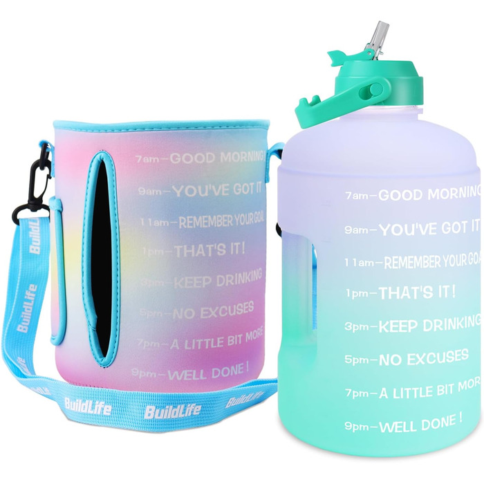 Пляшка для води QuiFit 3,6 л з трубочкою, мотиваційною розміткою, BPA-free, герметична, для спорту, фітнесу, вуличних занять, багаторазова, фіолетово-зелена