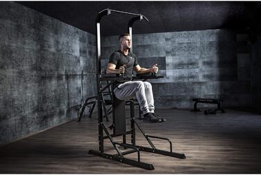 Силова станція GORILLA SPORTS Power Tower, складана лава, турнік, бруси, до 150 кг, чорна, багатофункціональний тренажер для дому