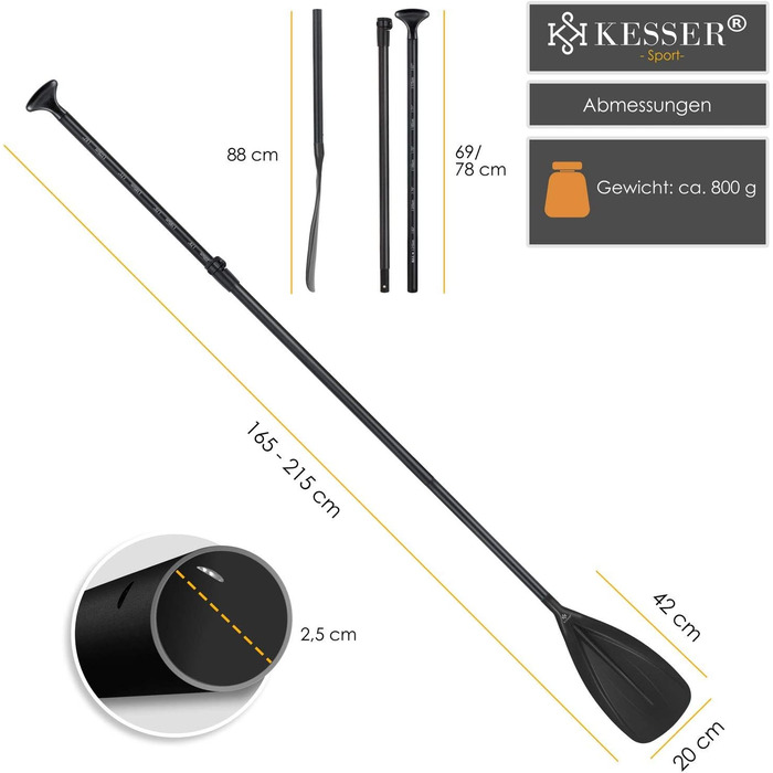 Весло KESSER 3-в-1 для каяка та SUP, телескопічне алюмінієве, 165-215 см, антиковзне, для сап-дошки, каякінгу, серфінгу, човна