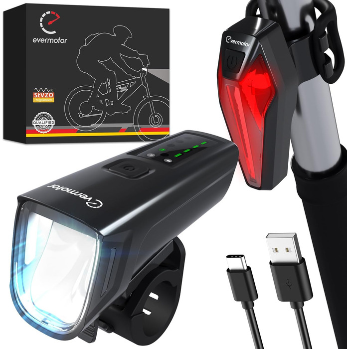Набір велосипедних LED ліхтарів evermotor: передній і задній, StVZO, USB-C зарядка, довгий час роботи, для дітей і дорослих, аксесуари для велосипеда, 9 годин автономної роботи