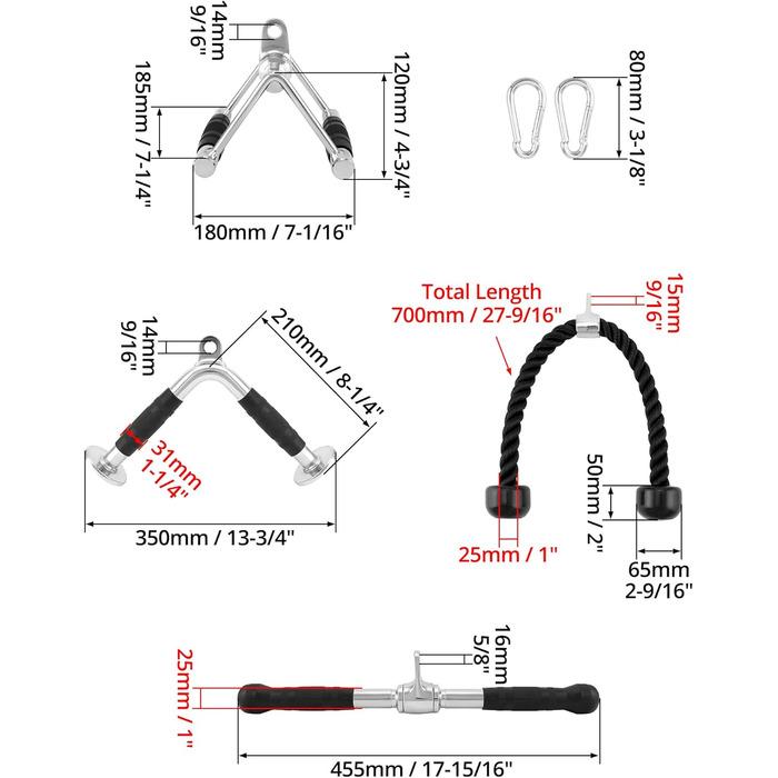 Набір ручок QWORK Trieps Rope & V-Rowing, аксесуар для тяги, 4 частини