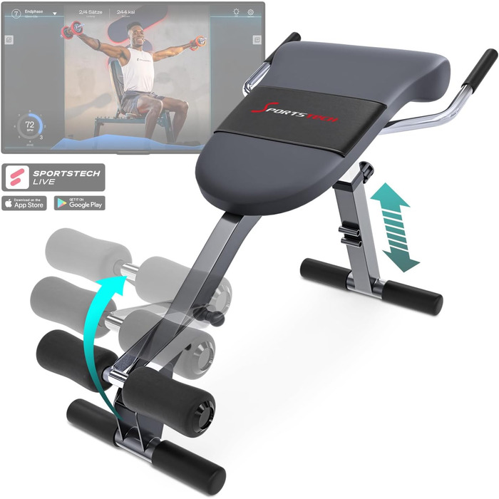 Sportstech 3-в-1 тренажер для спини та преса, універсальна лавка для жиму та гантелей, складана, з бенкюлером, домашній фітнес, німецька якість, BRT200