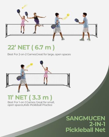 Сітка для піклболу SANGMUCEN, набір сіток для піклболу звичайного розміру 6,9 м і 3,5 м, портативна сітка для піклболу на під'їзній доріжці, стійка до погодних умов металева рама, міцна поліетиленова сітка чорна