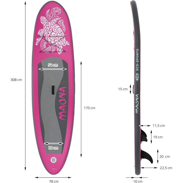 Надувна SUP-дошка ECD Germany Maona 308 см, комплект: весло з алюмінію, PVC, бірюзова/чорна/рожева/сіра/оливкова – дошка для веслування, серфінгу, паддлборду