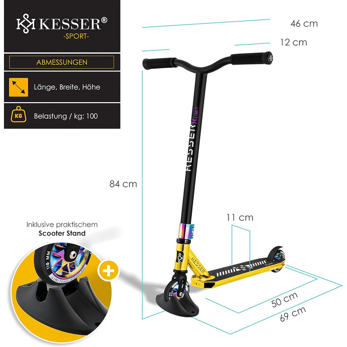 Трюковий самокат KESSER X-Limit-Pro з рульовим керуванням Funscooter Stunt Scooter Scooter з підставкою ABEC 9 кулькових підшипників, 110 мм PU колеса, Kick Scooter Kick Scooter City Scooter Trick Scooter для дітей дорослих (хром / золото)