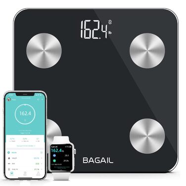 Ваги для ванної кімнати BAGAIL Smart Body Weight, цифрові ваги для ванної кімнати для ІМТ, зважування жиру в організмі, монітор складу тіла, аналізатор здоров'я з додатком для смартфона, 180 кг (S-Black)