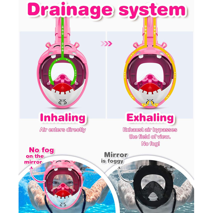 Маска для підводного плавання для дітей, панорамний вид 180, маска на все обличчя, безпечне дихання, маска для дайвінгу, без запотівання та герметичність, підходить для дітей, подарунковий рожевий1