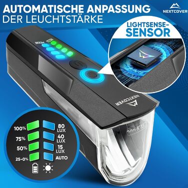 Комплект велосипедних ліхтарів із сенсором LightSense, 11 годин роботи, USB-зарядка, водонепроникний, StVZO, LED фара і задній ліхтар для велосипеда