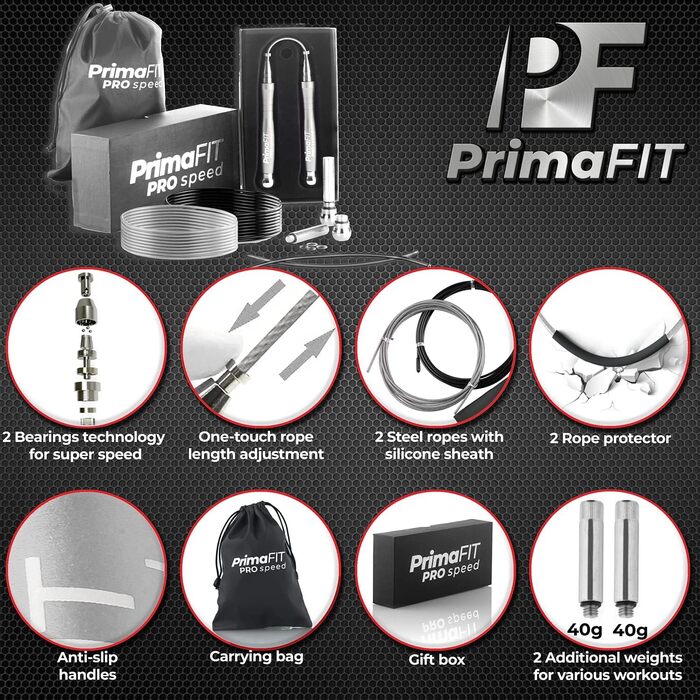 Скакалка PrimaFIT 3м з обважнювачами та протиковзкими ручками (срібло)