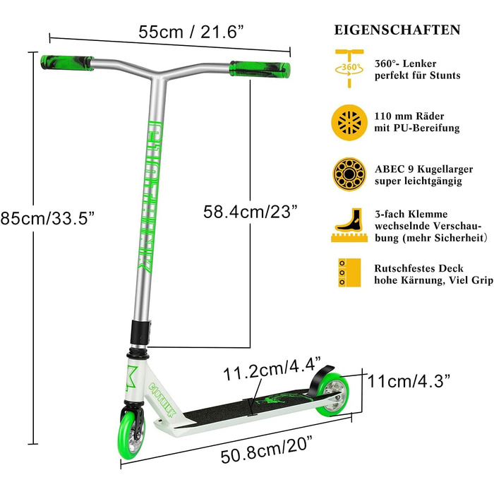 Трюковий самокат Clothink для дітей від 6 років - трюковий самокат високого класу з кульковими підшипниками ABEC 9, колесами 110/100 мм, трюковий самокат, самокат, міський скутер (сріблястий/зелений - 110 мм)