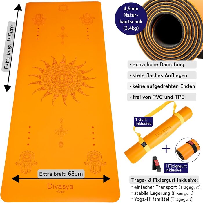 Нековзний килимок для йоги преміум-класу DIVASYA натуральний каучук, що не ковзає, і японська професійна поверхня хвата 185x68x0,45см Ремінь для перенесення Килимок для йоги товщиною 4,5 мм не ковзає Помаранчеве сонце без забруднюючих речовин