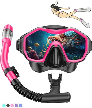 Набір iParaAiluRy Snorkel Set Дорослі окуляри для дайвінгу Дорослі з ширококутною оглядовою маскою проти запотівання, Окуляри для дайвінгу з трубкою Маска для підводного плавання дорослих для підводного плавання, плавання та дайвінгу (рожевий)