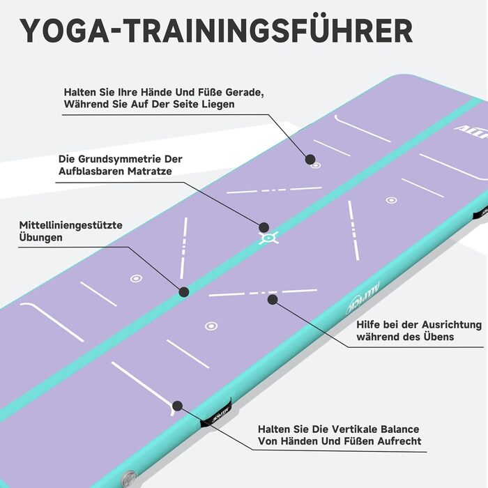 Гімнастичний килимок ALLPICK надувний, довжина 3/4 м тренувальний килимок, килимок для перекидання висотою 10/20см, двосторонній дизайн надувний для гімнастики, йоги та тумблінгу фіолетово-зелений 300*100*10см