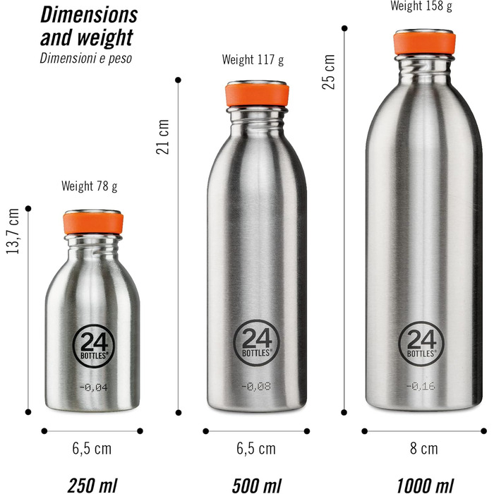 Пляшка для води 1 літр/500 мл/250 мл, пляшка з кришкою, 100 герметична, екологічно чиста, без BPA, виготовлена з нержавіючої сталі, італійський дизайн нетепловий, надлегкий (500 мл, 24Bottles Urban Bottle