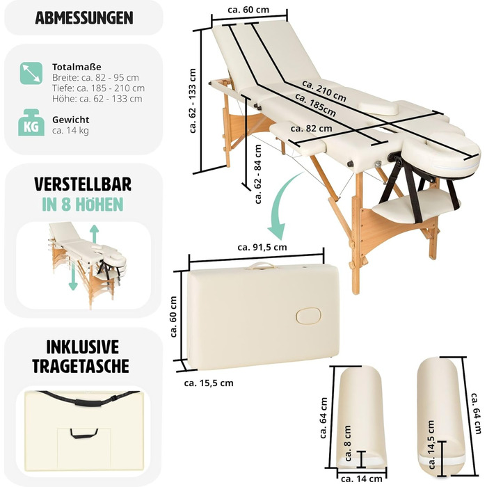 Масажний стіл Tectake 3 зонний, з навантаженням до 250кг, мобільна масажна лава, комплект з аксесуарами, оббивка, коліщатка, дерев'яний каркас, сумка для перенесення, як косметичне крісло, меблі для студії, регулювання висоти - бежево-бежевий No 404747
