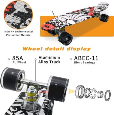 Дюймовий повний міні-пластиковий скейтборд, круїзний скейтборд для дітей віком 6-12 років, скейтборд для підлітків/початківців/дітей. (Бризки чорнила), 22-
