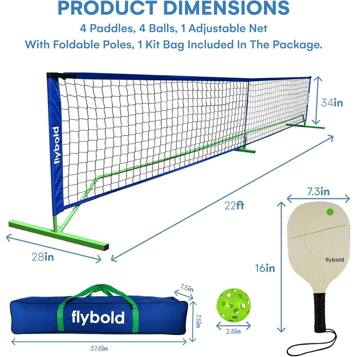 Flybold Сітка для піклболу 6,7 м, переносна, з сумкою, металева конструкція, для вулиці та приміщення, опціонально з 4 ракетками
